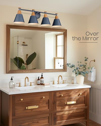 Image of FEMILA 4-Light Bathroom Light Fixtures, Farmhouse Modern Vanity Lights Wall Lamp with Hammered Metal Shade Finish, Dark Blue, 4FG59B-4W Blue