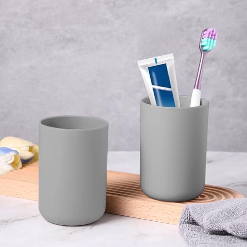 Dimeho 2 Pcs Toothbrush Holder Cup 300ml Plastic Bathroom Tooth Brushing Tumbler Mouthwash Cup for Travel Rinsing Drinking Vanity Countertop Toothpaste Wash Up Washing (Grey) - Image 3