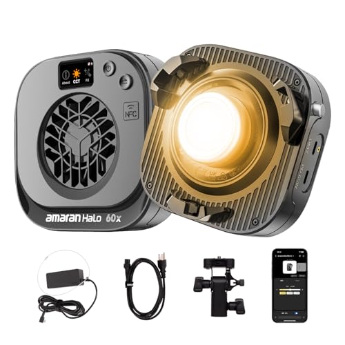 amaran Halo 60x COB LED Video Light Ultra-Compact 63W Bi-Color 2 700K - 6 500K Studio Lighting Bowens Mount APP Control Continuous Light for Photography YouTube Content Creation Vlog (Halo 60x)