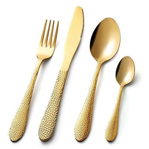 Premium Stainless Steel Cutlery Set, Hammered Design, Gold, 16pcs