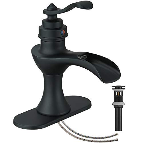 Black Faucet Bathroom Waterfall Matte with Pop Up Drain Assembly Waterfall Single Hole Sink Vanity Farmhouse Rustic Restroom Mixer Tap One Handle Lavatory Supply Line Lead-Free by Homevacious
