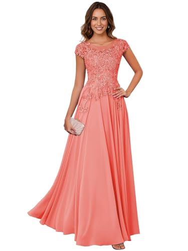 Image of Lace Applique Chiffon Mother of Bride Dresses - Short Sleeve Pleated Long Mother of The Groom Dress