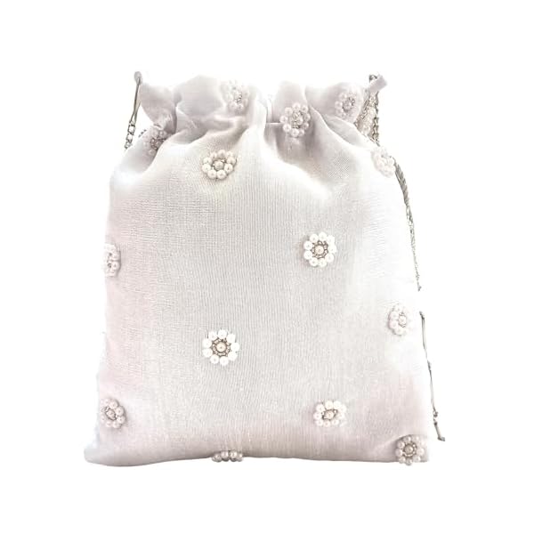 DUCHESS Silver Pearl Embellished Beaded Tassel Potli Bag For Weddings (Silver) - Image 4