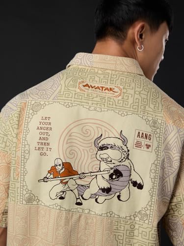 Image of The Souled Store Avatar: Everything's Connected Men and Boys Short Sleeves Collared Neck Button Front Beige Graphic Printed Cotton Oversized Shirts