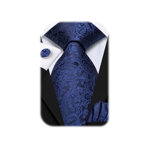 Image of Hi-Tie Silk Ties for Men Plaid Paisley Striped Necktie Pocket Square Cufflinks Set Formal Business