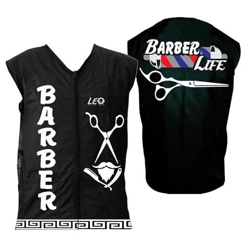 Professional Custom smock and Jacket,Barber Stylist Vest,Barbershop Stylist Vest, Black With Barber Tools Print,Barber Smock,Haircut Smock,Personlize Uniform - Main Image