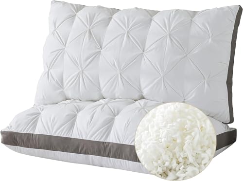 WhatsBedding Goose Down Feather Pillows Queen Size Set of 2, Soft Bed Pillows for Sleeping Filled with Memory Foam Hotel Collection Gusset Pillows for Side Stomach Back Sleepers, White, 20" x 30"