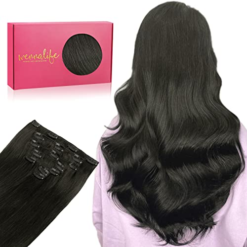WENNALIFE Clip in Hair Extensions, 70g 20 Inch Natural Black Hair Extensions Real Human Hair Short Remy Clip in Hair Extensions Virgin Human Hair Double Weft for Women
