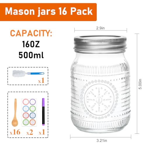 Encheng 16 Pack Regular Mouth Mason Jars 16 oz with Lids,Pint Canning Jars with Metal Lids and Bands, Vintage Glass Mason Jar for Centerpieces,Preserving,Fermenting,Jelly, Jam,Candy, DIY Crafts