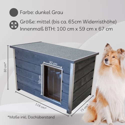 SunnyDogs Wetterfeste Holz-Hundehütte grau mit aufklappbarem Dach und 5cm dicken Wänden, 100x70x80 cm