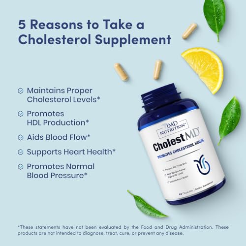 1MD Nutrition CholestMD Supports Healthy Cholesterol Levels Already in Normal Range, Promote Healthy Heart - Cholesterol Supplement w/Olive Leaf Extract, Citrus Bergamot, Niacin, Garlic- 60 Capsules