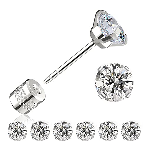 Threadless Flat Back Stud Earrings 6 Pairs Titanium Hypoallergenic Earrings for Women Men Cubic Zirconia Silver Gold Stud Earrings Surgical Stainless Steel Stud Earring Set for Cartilage 2-8mm