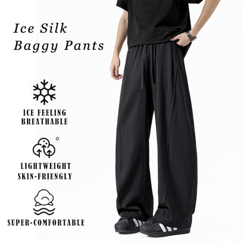 Baggy Pants Men, Wide Leg High Waisted Drawstring Ice Silk Pant with Pockets Casual Y2k Loose Streetwear Trousers2