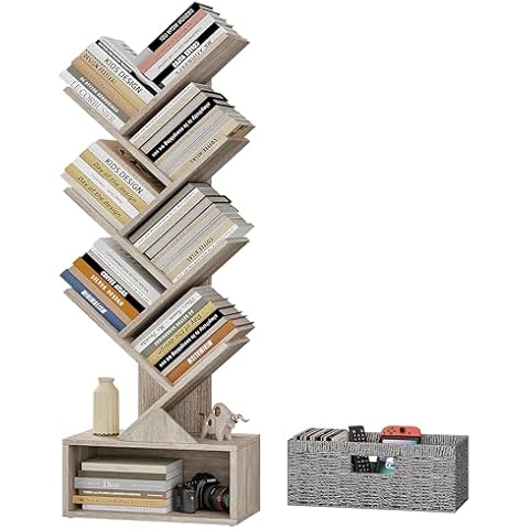 Vagusicc 6 Tier Tree Bookshelf, Modern Floor Standing Bookcase with Storage Drawer, Tall Wood Book Storage Rack for CDs/Books, Utility Book Organizer Shelves for Bedroom/Living Room/Home Office/Corner Cover