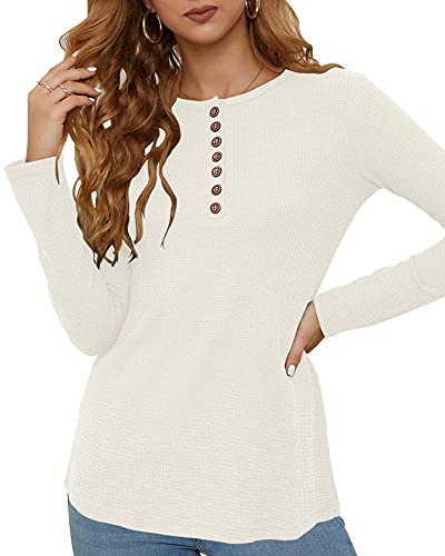 WNEEDU Women's Waffle Knit Tops Casual Long Sleeve Blouses Slim Fit Button Down V Neck Henley Shirt3