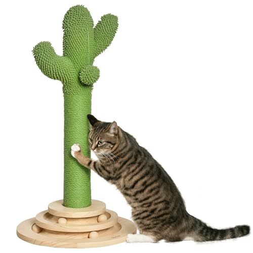 PawHut Arbre à Chat griffoir Forme de Cactus en sisal Naturel avec Pompon Suspendu et Plateforme de...