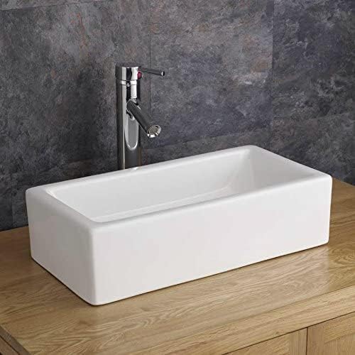 Clickbasin Narrow 49cm x 25cm Trough Countertop Bathroom Basin | Easy Install and in Durable White Ceramic | Perfect for Small Spaces Treviso