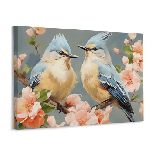 Toile de Noël carrée aux oiseaux et fleurs avec cadre de décoration pour salon 40x30 cm