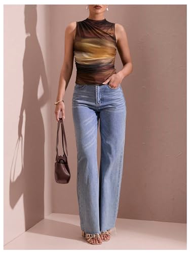 GORGLITTER Women's Sleeveless Mock Neck Tops Tie Dye Ruched Tank Top Going Out Tops4