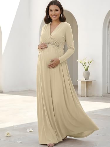Image of KOH KOH Womens Maternity Long Sleeve V-Neck Flowy Winter Maxi Dress Gown