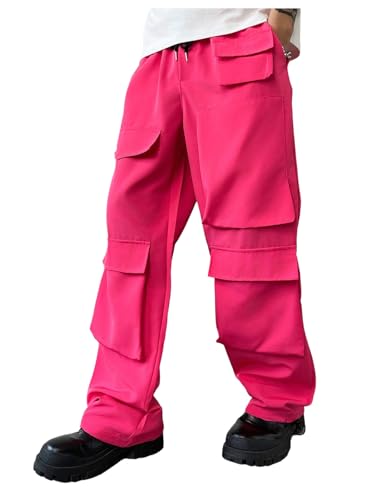 OYOANGLE Men's Flap Pocket Cargo Pants Drawstring Waist Straight Leg Trousers with Pocket Streetwear