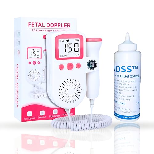 Image of Fetal Doppler Monitor, Portable Pregnancy Heartbeat Detector, White with Pink Buttons, Digital Display, Battery Operated, Complete Kit with User Manual and 2 AA batteries, Ultra Sound Gel Model HH-T10