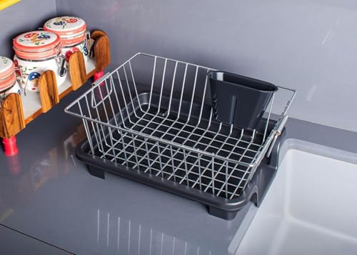 Image of Stainless Steel Dish Drying Rack with Drainer | Kitchen Utensil Stand | Rust Resistant Dish Drainer Basket for Plates & Bowls (Black, Pack Of 1)(Size-45 * 25 * 15)