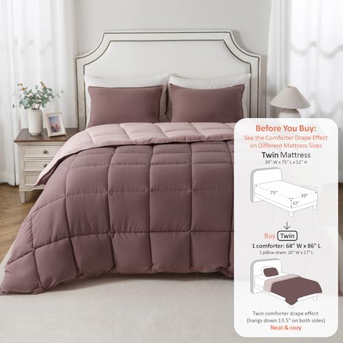 Image of KASENTEX Twin Comforter Set, Reversible, Goose Down Alternative, All Season | 250 GSM Fill, Ultra-Soft, Lightweight, Machine Washable, 1 Comforter + 1 Pillow Sham, Twilight Mauve /Pale Mauve