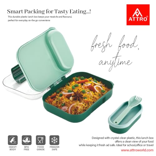 Image of ATTRO Food Bite Kids Plastic Lunch Box - 3 Compartments, 1 Small Container & Spoon, with Stylish Lid BPA-Free, Freezer Safe, Ideal for School, Travel & Outdoor - Green