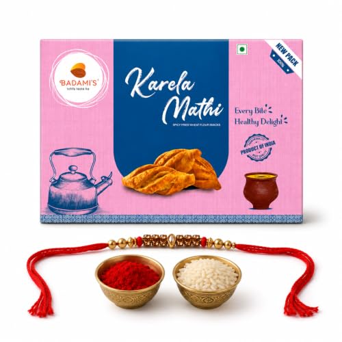 Image of Badami's Karela Mathri 300g with Complimentary Rakhi | Crispy & Crunchy Traditional Indian Namkeen | Ready-to-Eat Tea Time Snack | Raksha Bandhan Combo | Made with Natural Ingredients