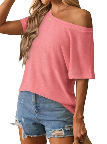 Image of Hilinker Womens Sexy Off The Shoulder Tops Short Batwing Sleeve T Shirt Oversized Casual Tee Orange Red Large
