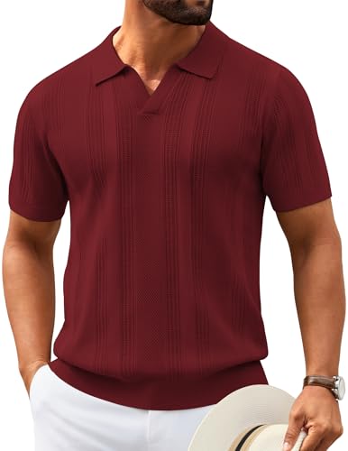 Image of COOFANDY Mens Knit Polo Shirts V Neck Textured Polo Shirts Short Sleeve Breathable Polo Casual Collared T Shirt Fashion Tops