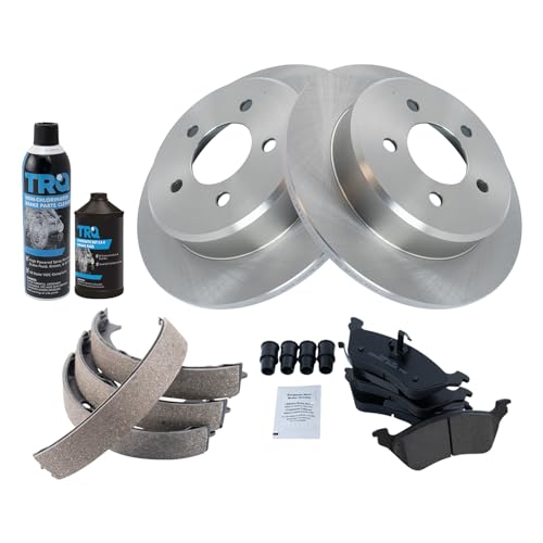 Image of TRQ Rear Brake Pad & Rotor Kit, with Chemical Kit Parking Brake Shoe Set Ceramic Compatible with 2001-2007 Chrysler Town & Country Dodge Caravan Grand Caravan