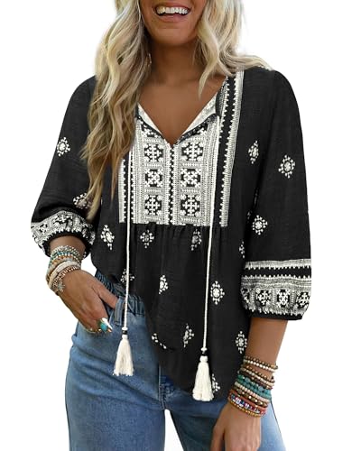 Image of Vivilli Womens Summer Boho Babydoll Tops 3 /4 Sleeve Pleated Peplum Blouses Casual V Neck Tie Front 2026 Tunic Tops