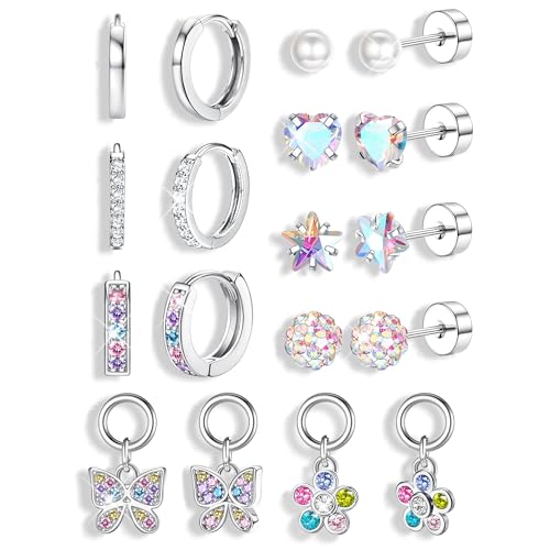 Florideco Hypoallergenic Earrings for Girls Women Surgical Stainless Steel Screw Back Stud Earrings for Girls Sensitive Ears Hoop Earrings Set Kids Earrings Toddler Earring Over 4 Years Old