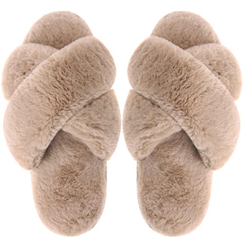 VONMAY Women's Fuzzy Slippers Cross Band Faux Fur Open Toe House Shoes - image 7