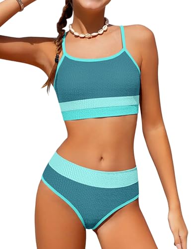 Image of Girls Bathing Suit Color-Block Adjustable Straps Bikini Sets Girls Two Piece Swimsuits with Chest Pad Swimwear 7-18T