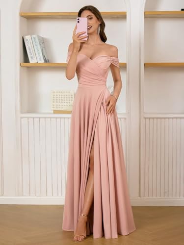 Satin Bridesmaid Dresses Long V Neck Ruched Off The Shoulder Formal Prom Dresses for Women3