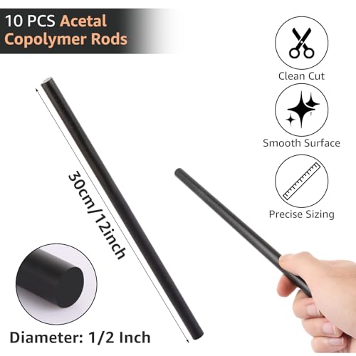 Image of 10 PCS Black Plastic Rods 1 /2 Inch Round Acetal Copolymer Rods 1 /2 Inch Diameter and 12 Inch Length Round Plastic Rods 1 /2 in Black Acetal Copolymer Rods Perfect for Non-Marring Fixtures