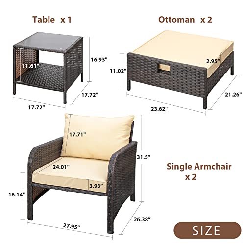 LEVELEVE Balcony Furniture 5 Piece Patio Conversation Set, PE Wicker Rattan Outdoor Lounge Chairs with Soft Cushions 2 Ottoman&Glass Table for Porch, Lawn-Brown Wicker - Image 3