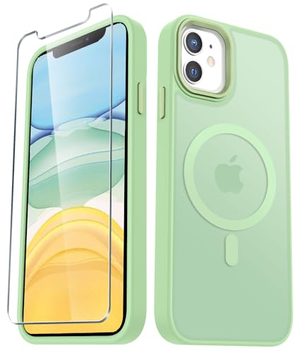 Image of YENAPOON for iPhone 12 Pro /iPhone 12 Case, Matte Magnetic Case, Mint Green | Fit for Magsafe, Screen Protector Included, Matte Translucent Frosted Slim Shockproof Protective Phone Cover