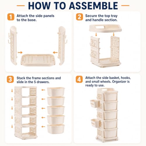 Image of Homeor 5 Tier Plastic Storage Drawer Cabinet with Wheels, Modular Chest of Drawers Organizer with Side Basket & Handle, Storage Trolley Rack for Home, Kitchen, Bedroom, Kids Room (Ivory)
