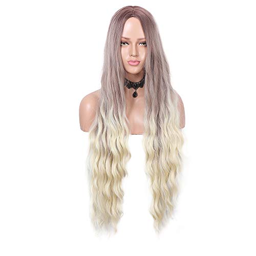Fani 30 Inch Blonde Ombre Curly Wigs for Women Long Wavy Ombre Blonde and White Wig Middle Part Dark Brown Roots Synthetic Wig for Cosplay Party Daily Wear(with a Free Wig Cap)