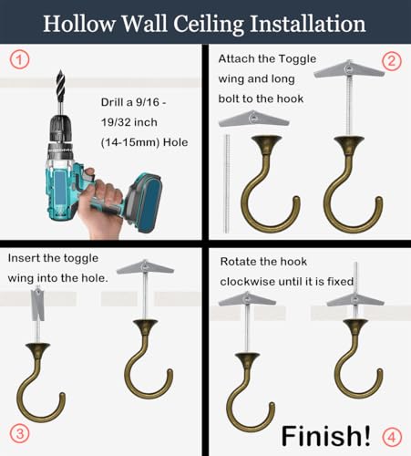 Image of Screw-in Ceiling Hooks for Hanging Plants 2 Pack (Antique Brass) | Holds 30 lbs on wood & concrete, 20 lbs on drywall; heavy duty 2.4 inch swag hook for chandeliers, lanterns & porch decor