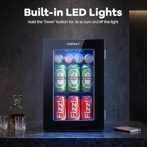 Image of COSTWAY 24 Cans Beverage Refrigerator, 18L /0.6 Cu.Ft Countertop Mini Fridge | Quiet Drink Cooler with Touch Panel, 40-61℉ Thermostat, Tri-Layer Insulated Door and Blue LED Lights for Home Office & Bar