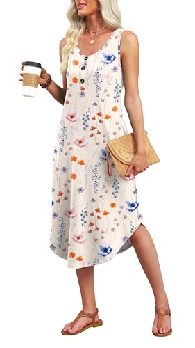 Image of WIHOLL Summer Dresses for Women 2026 Button Front Sleeveless Casual Midi Dress Beach Vacation Sundresses with Pockets