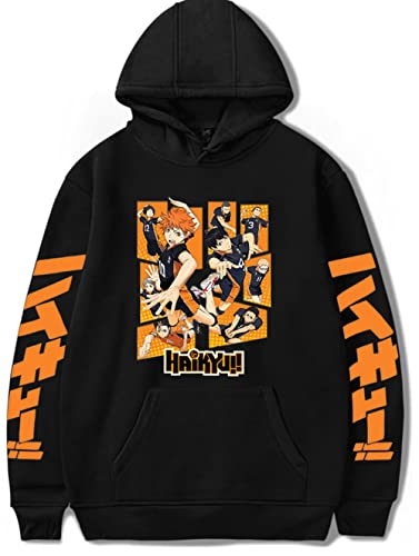 YIMIAO Niña Niño Haikyuu Sudaderas con Capucha Karasuno High School Jóvenes Japonesa Anime Volleyball Junior Uniforme Hombre Mujer Pullover(L)