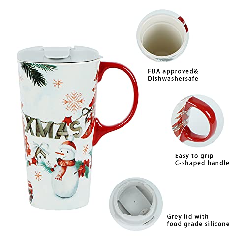 Topadorn Christmas Ceramic Travel Mug Porcelain Coffee Cup With Spill-Proof Lid And Box, 17 Oz. Snowman Xmas Mugs #TOP6