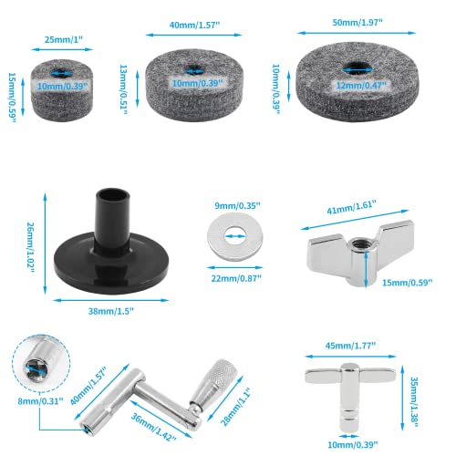Biaungdo 23 Pcs Cymbal Replacement Accessories, Cymbal Felts Hi-Hat Felt Cymbal Cup Cymbal Stand Sleeve With Cymbal Washer And Base, Wing Nuts, And Drum Key Replacement For Drum Set (Grey) #TOP2