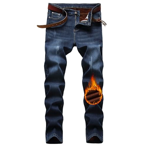 DISLANBO Mens Thermal Fleece Lined Winter Slim Fit Thickened Stretch Warm Denim Jeans Dark Blue
